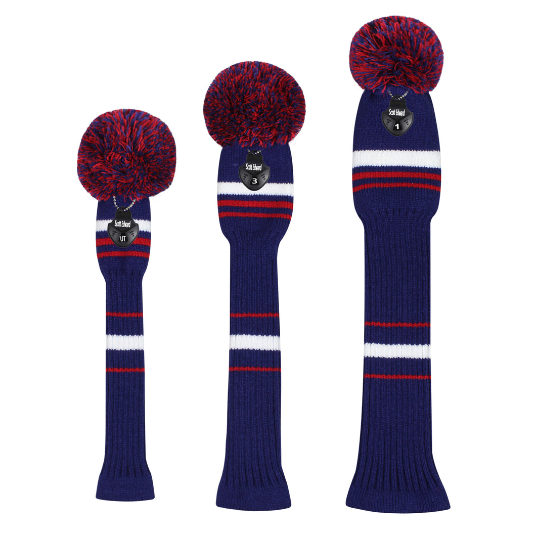 Scott Edward Golf Club Knitted Headcovers for Driver(460cc),Fairway(3/5/7) and Hybrid(UT),Double Layers Elastic Acrylic Yarn,Fluffy Pom Creativity Pattern for Golfer Gifts,Golf Club Protector-Red Blue Stripes Warning