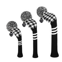Load image into Gallery viewer, Scott Edward Golf Club Knitted Headcovers Double Layers Elastic Acrylic Yarn,Fluffy Pom Creativity Pattern for Golfer Gifts,Golf Club Protector- Black White Plaid for Driver(460cc),Fairway(3/5/7) and Hybrid(UT)
