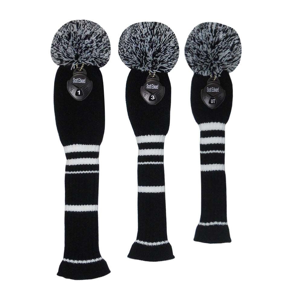 Scott Edward Golf Club Knitted Headcovers Double Layers Elastic Acrylic Yarn,Fluffy Pom Creativity Pattern for Golfer Gifts,Golf Club Protector-for Driver(460cc),Fairway(3/5/7) and Hybrid(UT)-White Black Stripes