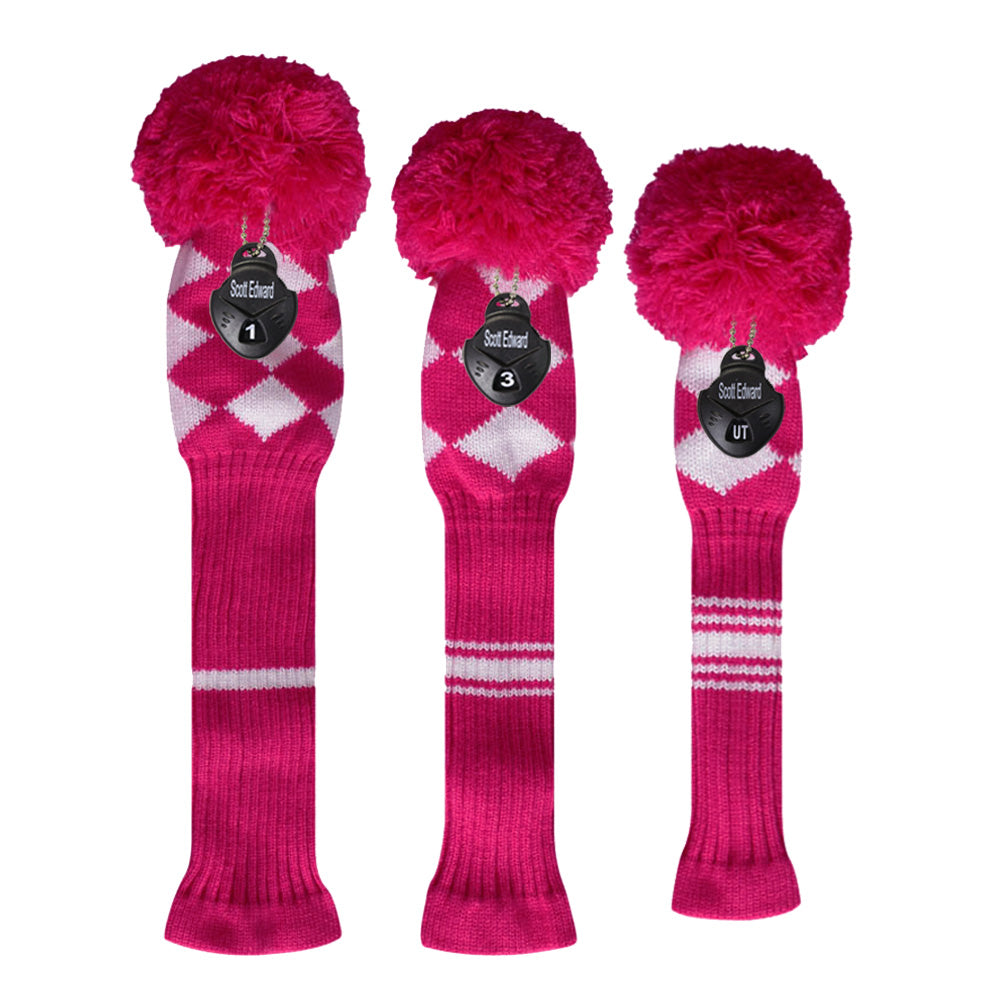 Scott Edward Golf Club Knitted Headcovers Double Layers Elastic Acrylic Yarn,Fluffy Pom Creativity Pattern for Golfer Gifts,Golf Club Protector- Rose White Argyles for Driver(460cc),Fairway(3/5/7) and Hybrid(UT)