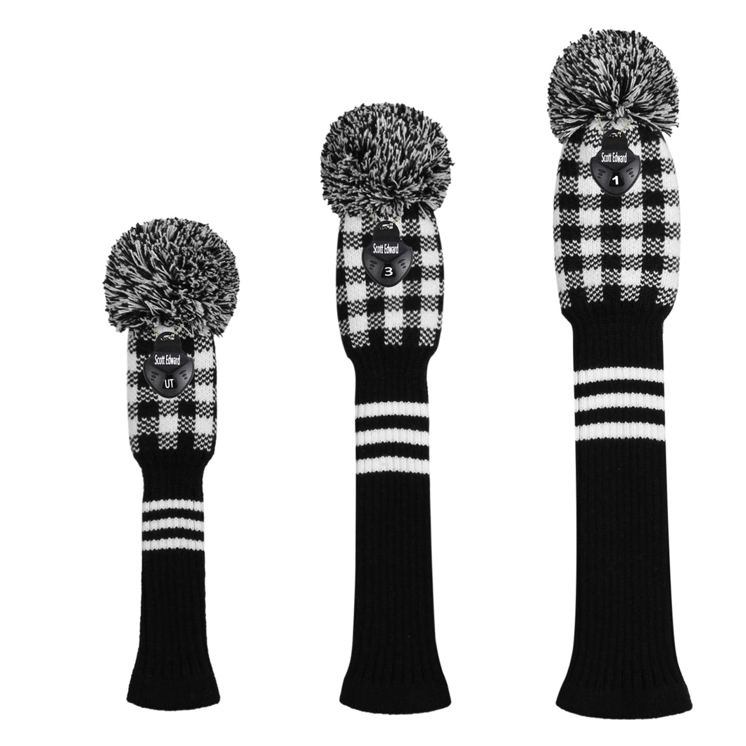 Scott Edward Golf Club Knitted Headcovers Double Layers Elastic Acrylic Yarn,Fluffy Pom Creativity Pattern for Golfer Gifts,Golf Club Protector- Black White Plaid for Driver(460cc),Fairway(3/5/7) and Hybrid(UT)