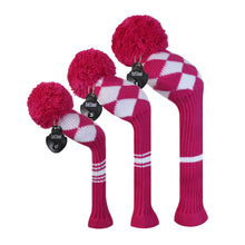 Load image into Gallery viewer, Scott Edward Golf Club Knitted Headcovers Double Layers Elastic Acrylic Yarn,Fluffy Pom Creativity Pattern for Golfer Gifts,Golf Club Protector- Rose White Argyles for Driver(460cc),Fairway(3/5/7) and Hybrid(UT)
