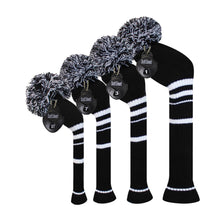 Load image into Gallery viewer, Scott Edward Golf Club Knitted Headcovers Double Layers Elastic Acrylic Yarn,Fluffy Pom Creativity Pattern for Golfer Gifts,Golf Club Protector-for Driver(460cc),Fairway(3/5/7) and Hybrid(UT)-White Black Stripes
