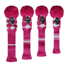 Load image into Gallery viewer, Scott Edward Golf Club Knitted Headcovers Double Layers Elastic Acrylic Yarn,Fluffy Pom Creativity Pattern for Golfer Gifts,Golf Club Protector- Rose White Argyles for Driver(460cc),Fairway(3/5/7) and Hybrid(UT)
