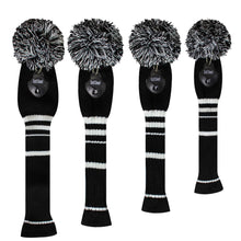 Load image into Gallery viewer, Scott Edward Golf Club Knitted Headcovers Double Layers Elastic Acrylic Yarn,Fluffy Pom Creativity Pattern for Golfer Gifts,Golf Club Protector-for Driver(460cc),Fairway(3/5/7) and Hybrid(UT)-White Black Stripes
