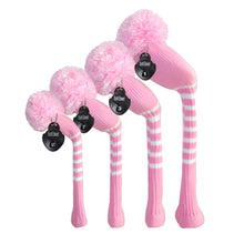 Load image into Gallery viewer, Scott Edward Golf Club Knitted Headcovers Double Layers Elastic Acrylic Yarn,Fluffy Pom Creativity Pattern for Golfer Gifts,Golf Club Protector-for Driver(460cc),Fairway(3/5/7) and Hybrid(UT)-Pink White Stripes
