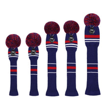 Load image into Gallery viewer, Scott Edward Golf Club Knitted Headcovers Double Layers Elastic Acrylic Yarn,Fluffy Pom Creativity Pattern for Golfer Gifts,Golf Club Protector- Dark Blue Stripes for Driver(460cc),Fairway(3/5/7) and Hybrid(UT)
