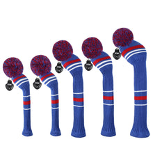 Load image into Gallery viewer, Scott Edward Golf Club Knitted Headcovers Double Layers Elastic Acrylic Yarn,Fluffy Pom Creativity Pattern for Golfer Gifts,Golf Club Protector-Navy Blue White Stripes for Driver(460cc),Fairway(3/5/7) and Hybrid(UT)
